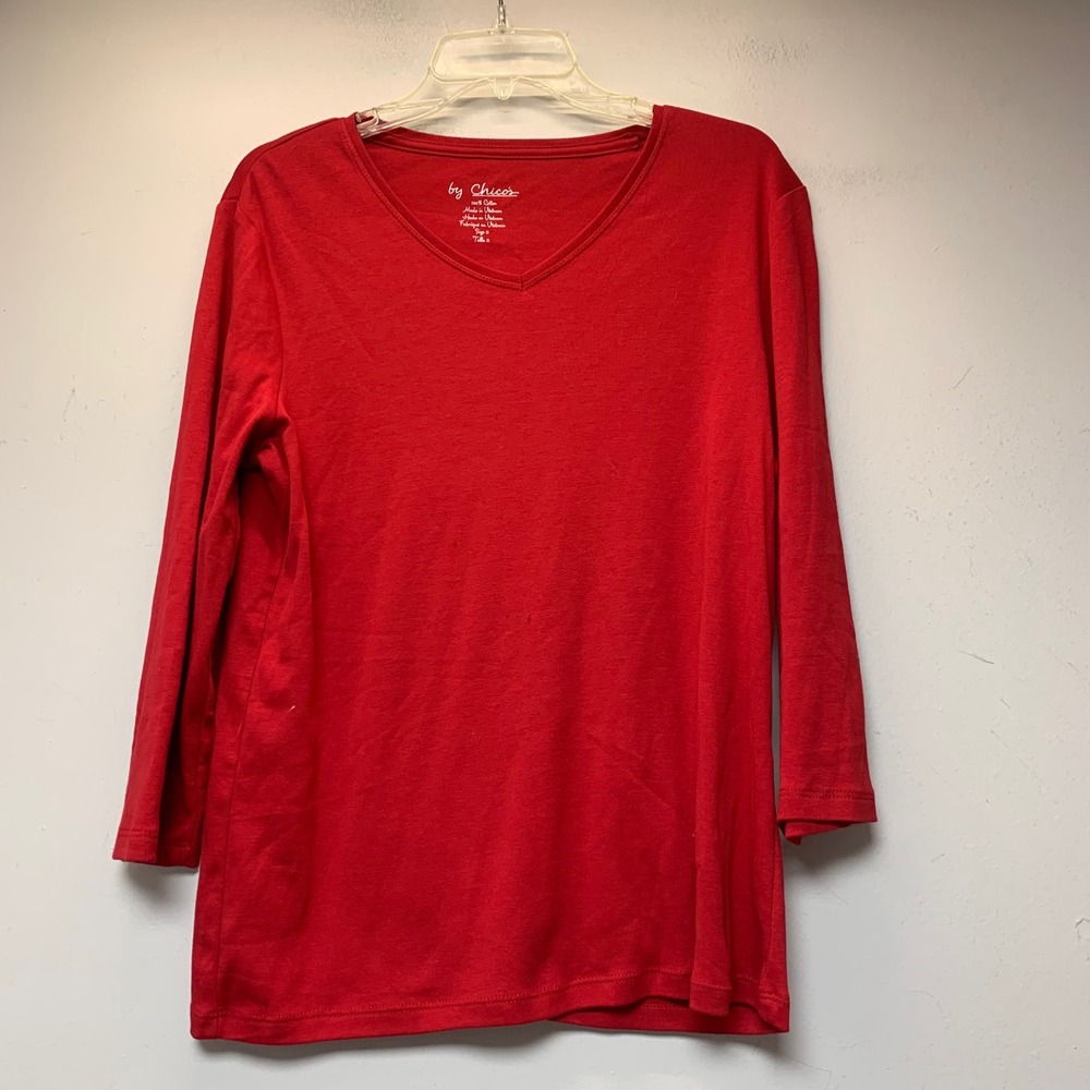 Chico's V-Neck Top Women Size 2 Red Excellent 3/4 Sleeve 100% Cotton Solid